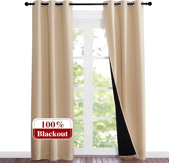 NICETOWN Living Room Completely Shaded Draperies, Privacy Protection & Noise Reducing Black Lined Insulated Window Treatment Curtain Panels for Patio Door (Set of 2 Pcs, W37 x L84, Biscotti Beige)