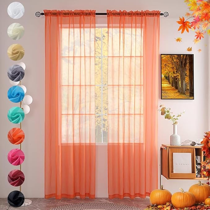youleyar Solid Sheer Rod Pocket Curtain Voile Draperies 2 Panels White Beige Black Grey Coffee 52 Inch Width 96 Inch Long 1 Pair for Kitchen Bedroom Children Living Room Yard (Orange Red,52Wｘ96L)