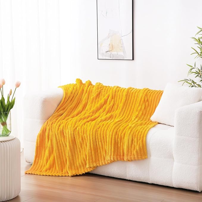 Gold Fleece Throw Blanket 60”×80” for Couch Sofa Bed,Super Soft Cozy Plush Microfiber Flannel Blanket with Stripes Design Lightweight for Adults,Woman,Girls