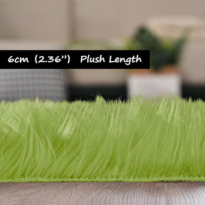 Goolela Lime Green Sheepskin Rug 2x6 Fluffy Fuzzy Furry Runner for Bedroom Bedside Soft Faux Fur Shaggy Sheepskin