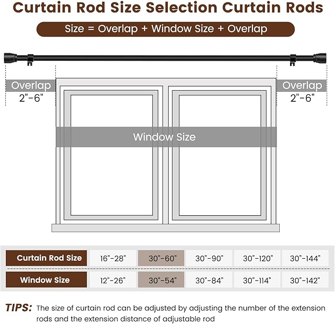 Hradecti 1' Diameter Matte Black Curtain Rod, 30-60 inch, Fits 30-54 Windows, Heavy Duty, Adjustable, Telescopic, Splicing Metal, Extra Long, for Windows & Sliding Glass Door