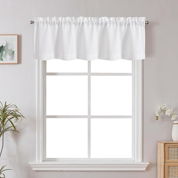 Chyhomenyc White Short Curtain Valance for Windows, Faux Linen Textured Half Window Curtains, Burlap Solid Topper Small Curtain Valance for Bathroom Laundry Basement, 60Wx16L Inch, 1 Piece
