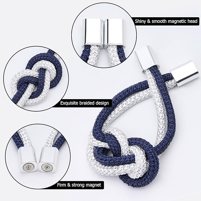 NICEEC 4 Pack Mini Magnetic Curtain Tiebacks Nordic Simple Style Drape Tie Backs Elegant Hand Weave Rope Knot Decorative Curtain Holdbacks for Home & Office Thin Window Drapery (Dark Blue & White)