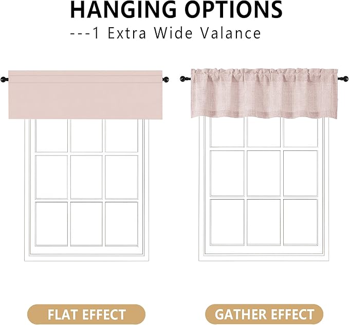 OVZME Blush Pink Valance for Windows, Light Filtering Faux Linen Textured Small Kitchen Valances for Windows, Dual Rod Pocket Farmhouse Short Curtain for Bathroom Basement, 60Wx20L inch, 1 Piece