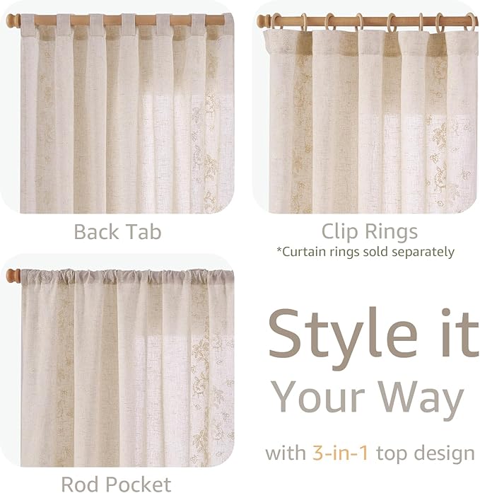 jinchan Evelyn Embroidered Linen Curtains for Living Room Farmhouse Floral Curtains for Bedroom Semi Sheer Light Filtering Window Drapes Rod Pocket Back Tab 2 Panels W50 x L96 Ivory