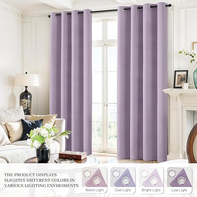 Yakamok Lilac 100% Blackout Curtains 63 Inches Long with 2 Thick Layers-Light Purple Room Darkening Thermal Insulated Window Curtain Set of 2 Panels for Bedroom Living Room 38x63 Inches,Lavender