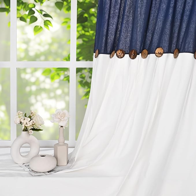 FRAMICS Farmhouse Cotton Linen Curtains for Living Room, Boho Button Curtains 63 Inch Length, Navy Blue Rustic Country Linen Window Curtains for Bedroom, Rod Pocket Curtains & Drapes, 52 x 63 Inch
