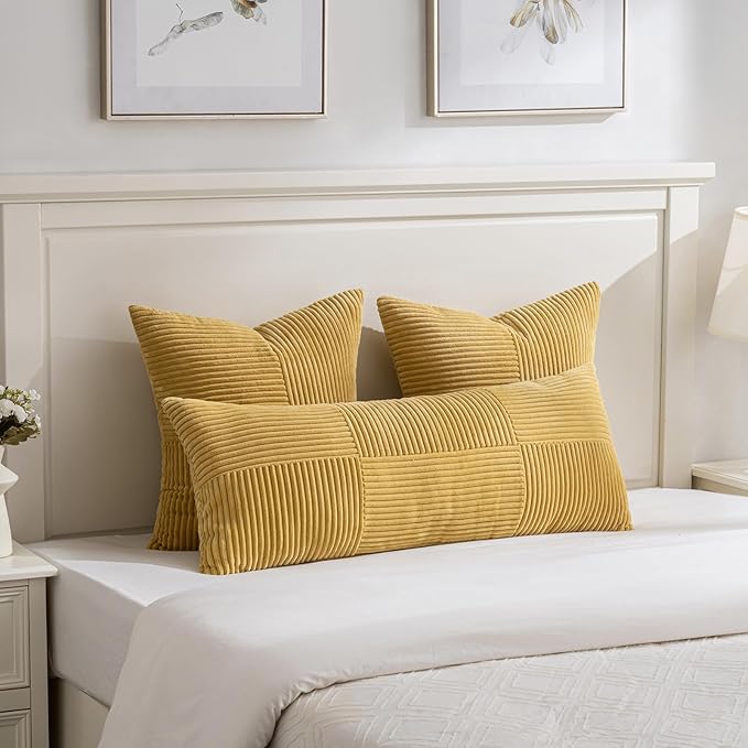 Fancy Homi 2 Packs Mustard Yellow Long Lumbar Decorative Throw Pillow Covers 12x24 Inch for Couch Bed, Rustic Farmhouse Boho Home Decor, Soft Striped Corduroy Rectangle Accent Cushion Case 30x60 cm