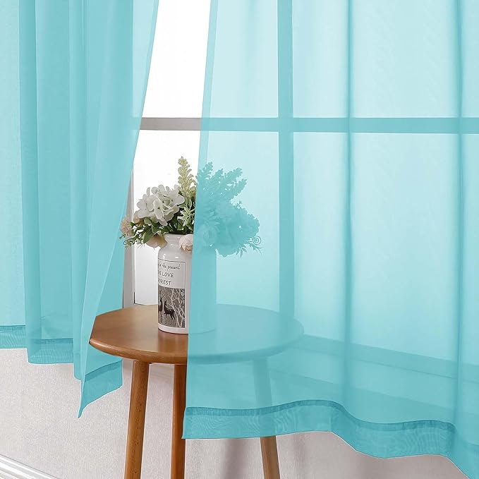 Lecloud Aqua Sheer Curtains for Bedroom 54 Inch Length 2 Pcs, Rod Pockets Solid Color Window Curtains for Living Room, Elegant Light Filtering Airy Voile Home Decor Drapes, Each Panel 42" W x 54" L