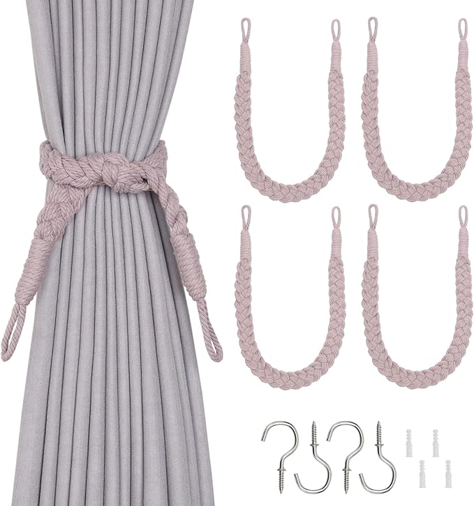 NICEEC 4 Pack Natural Cotton Rope Curtain Tiebacks Elegant Boho Style Decorative Drape Tie Backs Soft Hand-Woven Rope Curtain Holdbacks with Metal Hook for Home & Office Drapery (Grayish Purple)