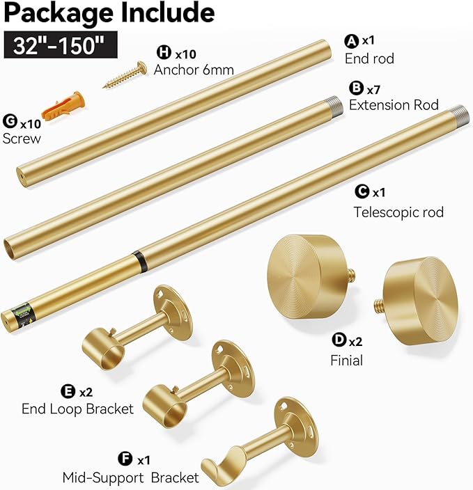 YaFex Heavy Duty Curtain Rods 32-150 Inch, 1 Inch Adjustable Gold Curtain Rod for Windows, Extra Long Window Treatment Rods with Aluminium Finials, Easy Installation