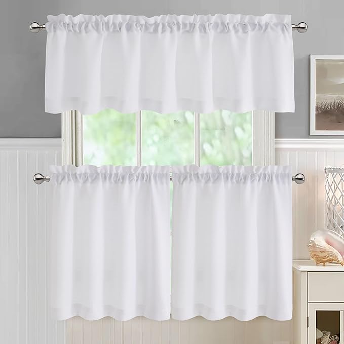 Chyhomenyc White Short Curtain Valance for Windows, Faux Linen Textured Half Window Curtains, Burlap Solid Topper Small Curtain Valance for Bathroom Laundry Basement, 60Wx18L Inch, 1 Piece
