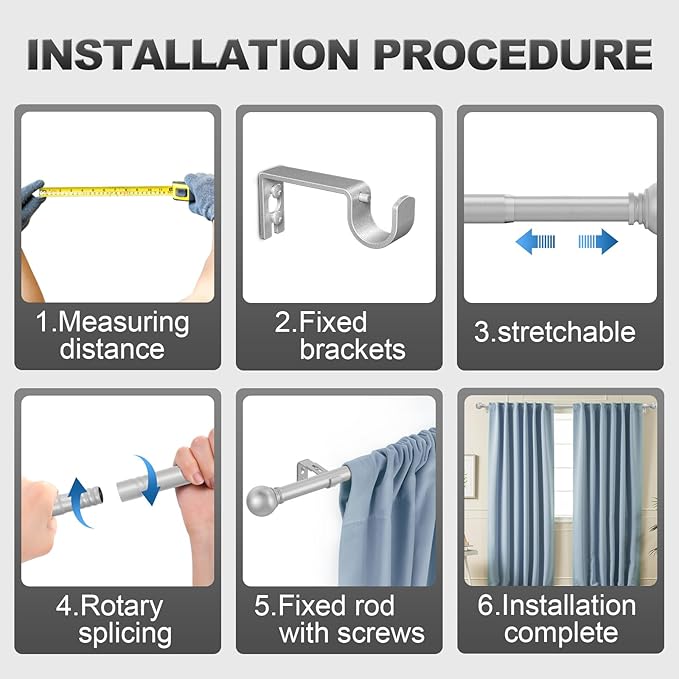 Silver Curtain Rods for Windows with Brackets,5/8 Inch Diameter Small Curtain Rod Adjustable Set 32 to 90 Inches,Easy Install Drapery Rods,Gray