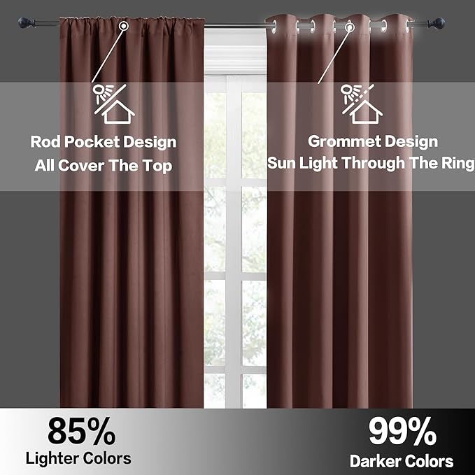 RYB HOME Blackout Curtains for Bedroom Living Room 63 inches Long, Thermal Insulated Privacy Rod Pocket Drapes for Nursery Office Home Theater, Width 42 by Length 63, Chocolate Brown, 2 Panels