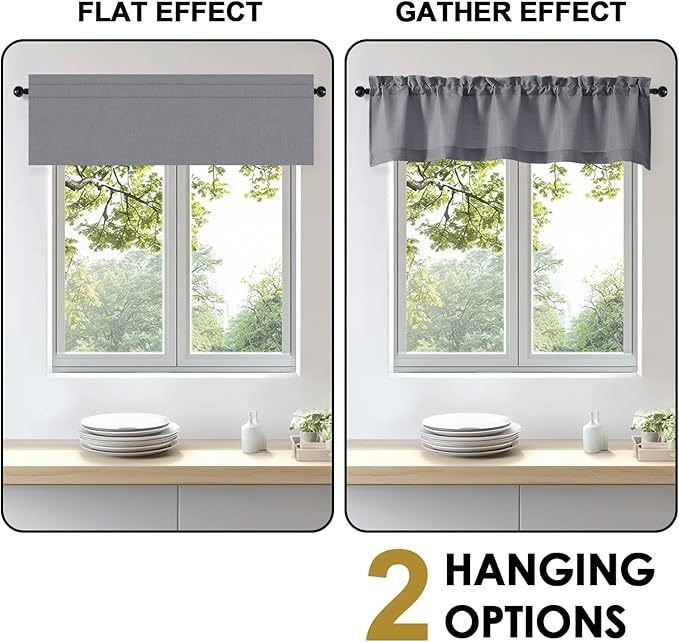 OWENIE Bob 1 PCS Dark Grey Valances for Windows, Faux Linen Textured Kitchen Window Curtains Valance for Bedroom Living Room, Modern Soft Airy Solid Rod Pocket Bathroom Cafe Curtain, 60Wx16L Inch