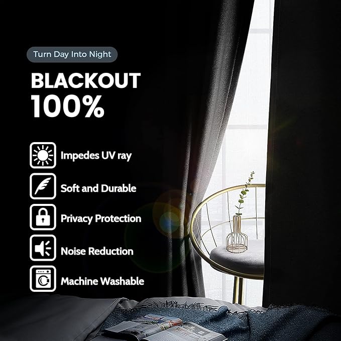 SimpleHome 100% Blackout Curtains for Bedroom,Thermal Insulated Black Grommet Window Drapes Room Darkening Curtains for Living Room with Black Back,52 x 54 Inch,2 Panels