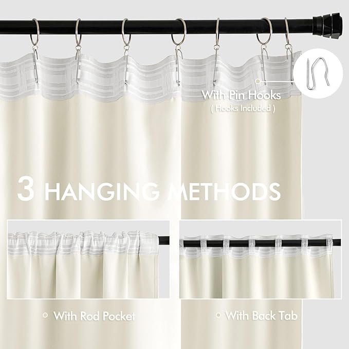 MIULEE Cream Back Tab Blackout Curtains 90 Inches Long 2 Panels Set for Living Room Bedroom Privacy, Rod Pocket/Pinch Pleat Thermal Insulated Room Darkening Pleated Light Blocking Drapes