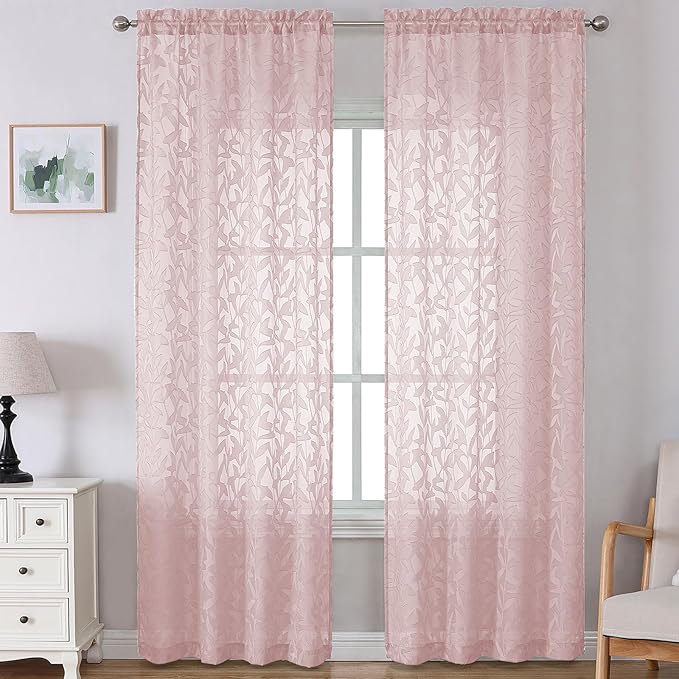 Lecloud Leia Blush Pink Sheer Curtains for Bedroom Decor 108 Inches Long 2 Pcs, Jacquard Leaf Textured Window Curtains for Living Room Dining Room, Voile Rod Pockets Drapes, Each Panel 52" W x 108" L