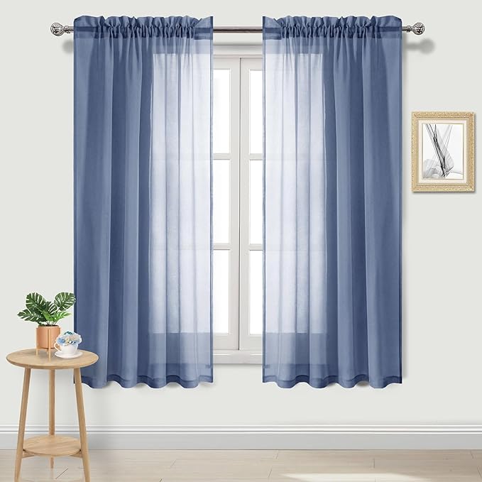 DWCN Sheer Curtains Semi Transparent Voile Rod Pocket Curtains for Bedroom and Living Room, Dusty Blue, 52 x 63 inches Long, Set of 2 Panels