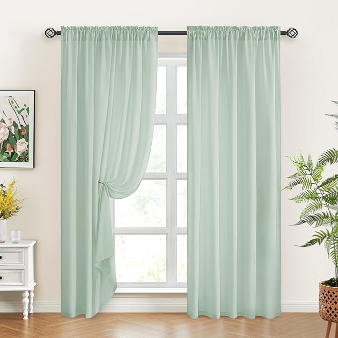 HOMEIDEAS Non-See-Through Sage Green Privacy Sheer Curtains, 52 X 84 Inches Long 2 Panels Sheer Curtains Light Filtering Window Drapes for Bedroom Living Room