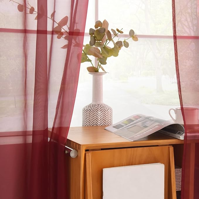 youleyar Solid Sheer Rod Pocket Curtain Voile Draperies 2 Panels White Beige Black Grey Coffee 52 Inch Width 108 Inch Long 1 Pair for Kitchen Bedroom Children Living Room Yard (Wine Red,52Wｘ108L)