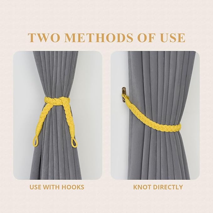NICEEC 4 Pack Natural Cotton Rope Curtain Tiebacks Elegant Boho Style Decorative Drape Tie Backs Soft Hand-Woven Rope Curtain Holdbacks with Metal Hook for Home & Office Drapery (Yellow)