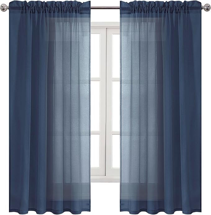 DWCN Navy Blue Sheer Curtains Semi Transparent Voile Rod Pocket Curtains for Bedroom and Living Room, 52 x 63 inches Long, Set of 2 Panels