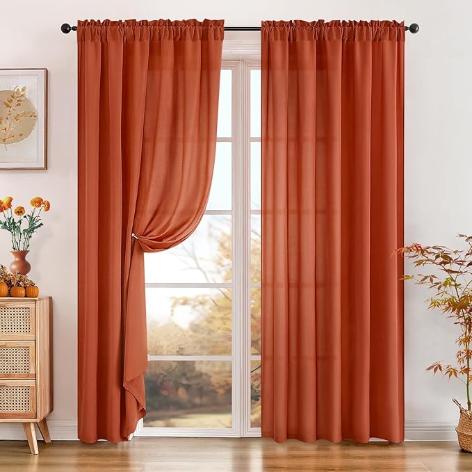 HOMEIDEAS Non-See-Through Fall Burnt Orange Privacy Sheer Curtains, 52 X 84 Inches Long 2 Panels Sheer Curtains Light Filtering Window Drapes for Bedroom Living Room