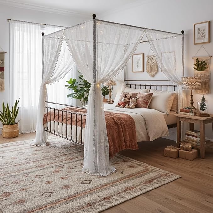 WAZZIO Boho Lace Curtains 63 Inches 2 Panel,Light Filtering Privacy Tassel & Geometry Crochet Semi Sheer Curtain Drapes for Bedroom Living Dining Room,Rod Pocket & Tassel,Victorian Decor,Off White