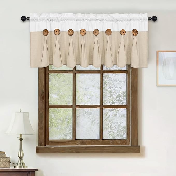 FRAMICS Farmhouse Valance Curtains, Boho Cotton Linen Kitchen Valance, Rustic Button Window Valances for Kitchen, Country Rod Pocket Valances for Windows Bathroom, White and Linen, 52 x 18 Inch