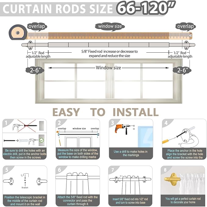 TVWOO Gold Wrap Around Curtain Rods:5/8" Small Blackout Adjustable Window Curtain Rod for Bedroom Kitchen Apartment Renter Friendly,Room Darkening Curved Drapery Rods Easy Install,Brass Golden 66-120"
