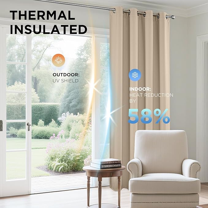Joydeco Blackout Curtains 84 Inch Length 2 Panels Set, Thermal Insulated Long Curtains& Drapes 2 Burg, Room Darkening Grommet Drapes for Living Room Bedroom Window (W52 x L84 Inch, Light Beige)