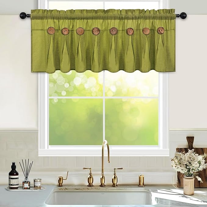 FRAMICS Farmhouse Valance Curtains, Boho Cotton Linen Kitchen Valance, Fresh Green Rustic Button Window Valances for Kitchen Bathroom, Rod Pocket Valances for Windows, Fresh Green, 52 x 18 Inch