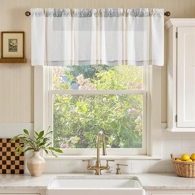 jinchan Striped Valance Farmhouse Window Treatment Linen Textured Drapes for Small Windows Kitchen Living Room RV Vintage Valance 16 Inch Rod Pocket 1 Panel Taupe and Grey
