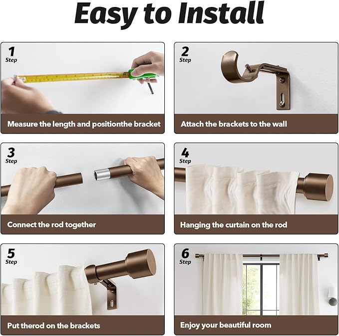 GEEBOBO Bronze Curtain Rods for Windows 120 to 170 Inch, 1 Inch Extra Long Heavy Duty Easy Install Adjustable Curtain Rods Set for Outdoor, Farmhouse, Bedroom, Living Room (Bronze, 30"-170")