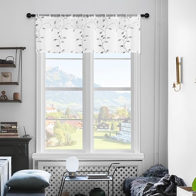 MRTREES Sheer Voile Curtain Valances 2 Panels, Leaves Embroidered Valance Curtains Rod Pocket, Small Sheer Window Curtains Treatment for Bedroom/Living Room/Kitchen/Basement(Grey Leaves, 54x16 Inches)