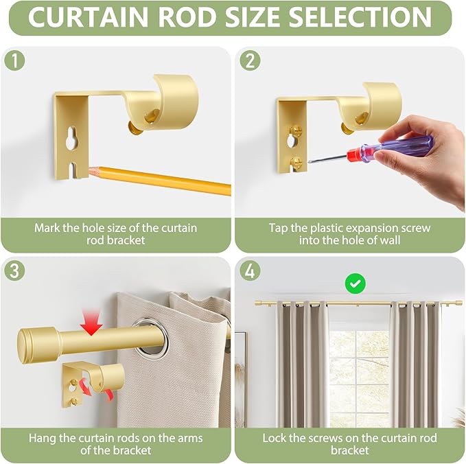 5/8” Diameter Curtain Rods 30-90 Inch, for 30-84 Inch Windows, Adjustable Splicing Gold Curtain Rods for Windows with Brackets, Window Rod Long Small Curtains Rod, 2 Pack