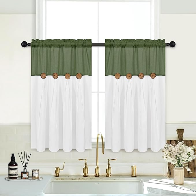 FRAMICS Farmhosue Kitchen Curtains 36 Inch Length, Rustic Cotton Linen Tier Curtains, Boho Button Short Curtain for Windows, Rod Pocket Small Window Curtain, Olive Green and White, 26x36