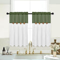 FRAMICS Farmhosue Kitchen Curtains 36 Inch Length, Rustic Cotton Linen Tier Curtains, Boho Button Short Curtain for Windows, Rod Pocket Small Window Curtain, Olive Green and White, 26x36