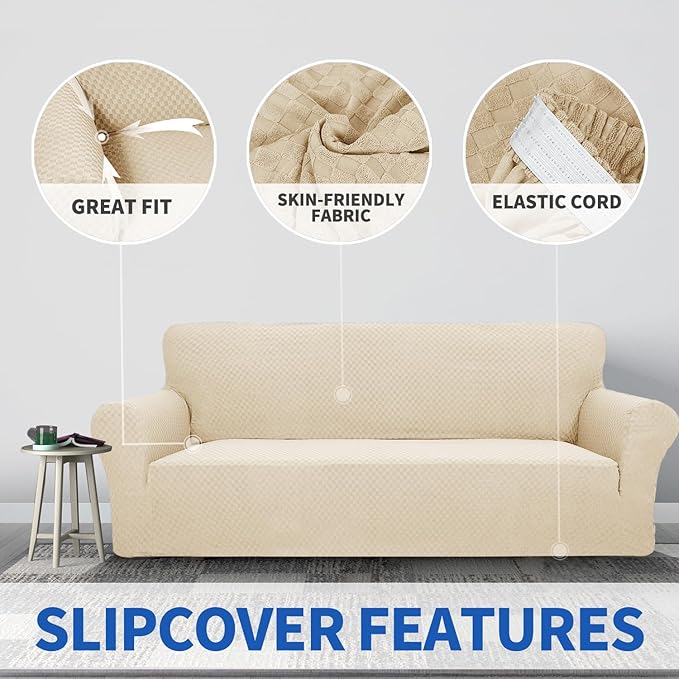 ZNSAYOTX 1 Piece Jacquard Couch Covers for 3 Cushion Couch High Stretch Sofa Cover for Pets Dogs Anti Slip Extra Large Sofa Slipcovers Furniture Protector (XL Sofa, Light Beige)