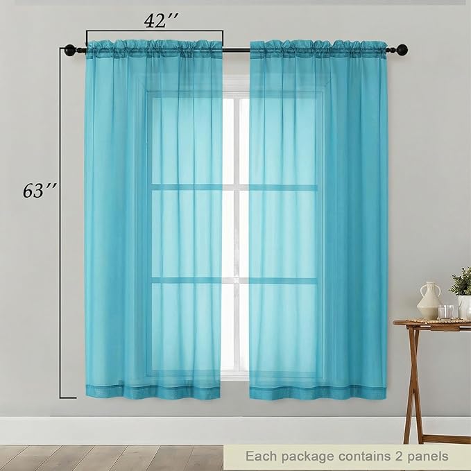 Sheer Curtains 63 Inch Length 2 Panels Set for Living Room Bedroom, Airy Soft Light Filtering Sheer Dining Room Curtains, Modern Rod Pocket Drapes, Aqua, Each 42" Wx63 L
