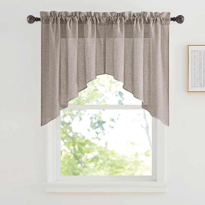 RYB HOME Linen Textured Swag Curtain Valance for Living Room, Half Privacy Airy Soft Breathable for Farmhouse, Kitchen, Cafe, Width 36 x Length 36, Birch Brown, 2 Panels