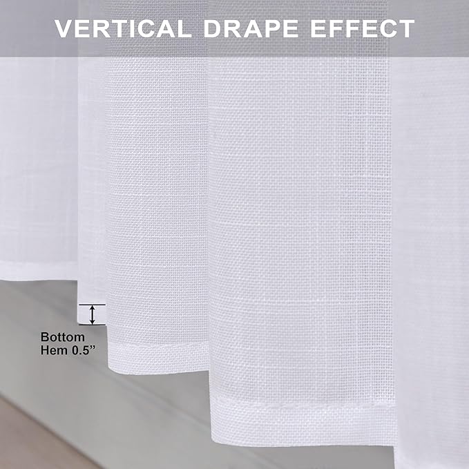 Pitalk White Curtains 38 Inch Width for Kitchen Windows 2 Panel Back Tab Rod Pocket Linen Cafe Tier Light Filtering Short Sheer Curtains for Bathroom Laundry Basement Farmhouse Decor Wide 38x45 Length