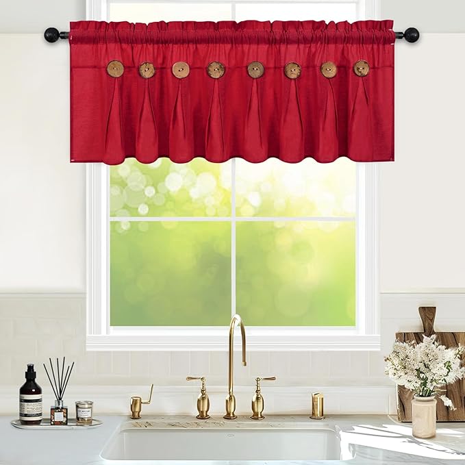 FRAMICS Farmhouse Valance Curtains, Boho Cotton Linen Kitchen Valance, Red Rustic Button Window Valances for Kitchen Bathroom, Country Rod Pocket Valances for Windows Christmas, Red, 52 x 18 Inch