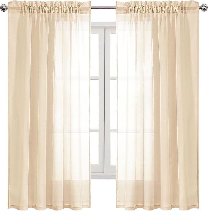 DWCN Beige Sheer Curtains Semi Transparent Voile Rod Pocket Curtains for Bedroom and Living Room, 42 x 63 inches Long, Set of 2 Panels