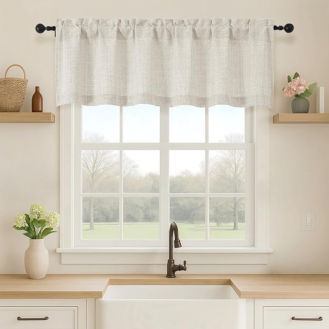 OVZME Natural Valance for Windows, Light Filtering Faux Linen Textured Small Short Valance Kitchen Curtain, Dual Rod Pocket Top Short Window Curtain for Bathroom Basement Farmhouse, 1 Piece, 52Wx16L