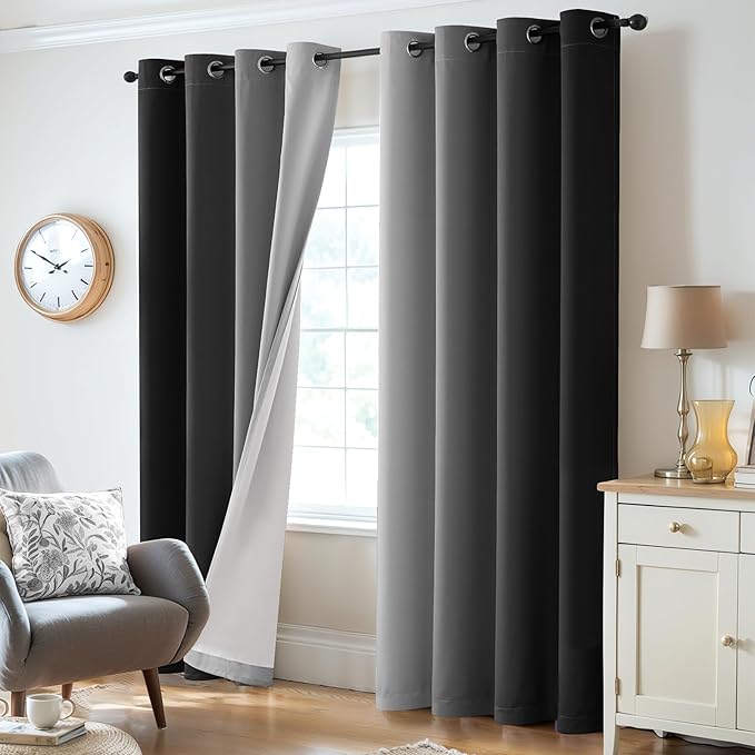 Yakamok 100% Blackout Curtains 63 Inch Length 2 Layers,Black Curtains for Bedroom Ombre Room Darkening Grommet Gradient Drapes,Light Blocking Thermal Insulated Window Curtains for Living Room