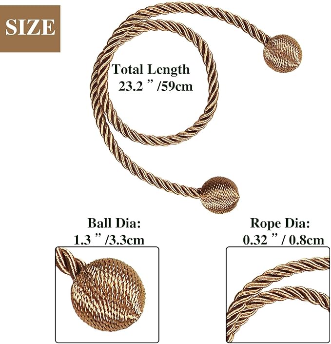 Curtain Tiebacks Outdoor Elegant Decorative Tie Backs Modern Rope Tiebacks for Drapes Window Curtain Holdbacks for Draperies (Khaki, 4)