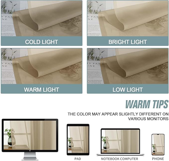 Taupe Sheer Curtains for Window 72 inches Long 2 Panels Set, Soft Airy Modern Light Filtering Sheer Curtains for Living Room Bedroom, Dual Rod Pocket Solid Window Drapes, 2x42Wx72L inches