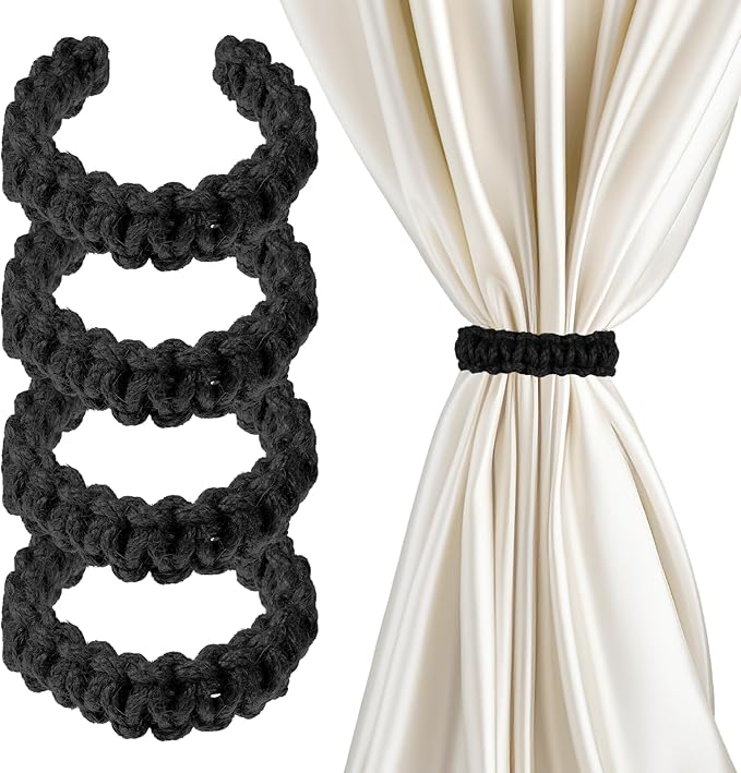 Ptwola 4 Pack Braided Curtain Tiebacks Boho Elegant Rustic Curtain Holdbacks Tie Backs Holders Set Simple Light Weight Drapes Decorative Accessories Handmade for Home Office Bedroom Window (4, Black)